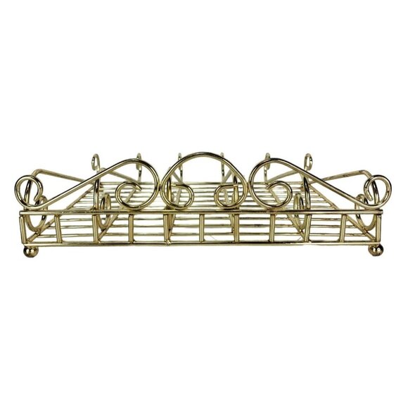 Gold Scroll Tabletop Footed Spice Rack Buffet Flatware Caddy Tray Vintage - Picture 15 of 15